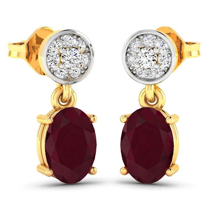 1.70ctw 14K Yellow Gold Red Ruby and White Diamond Halo Earrings