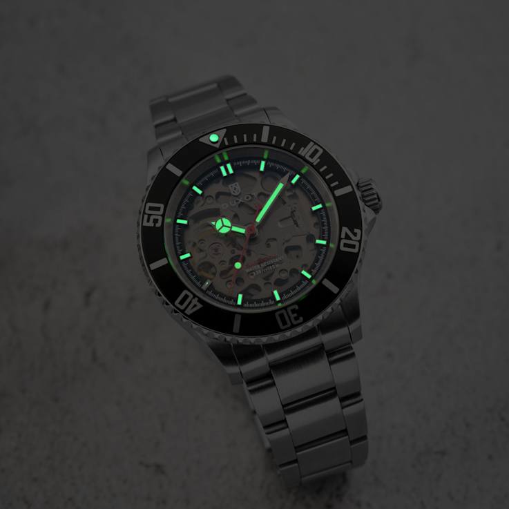 Duxot Atlantica Skeleton Diver Black Dial White Bezel White Stainless
Steel Band Automatic Watch