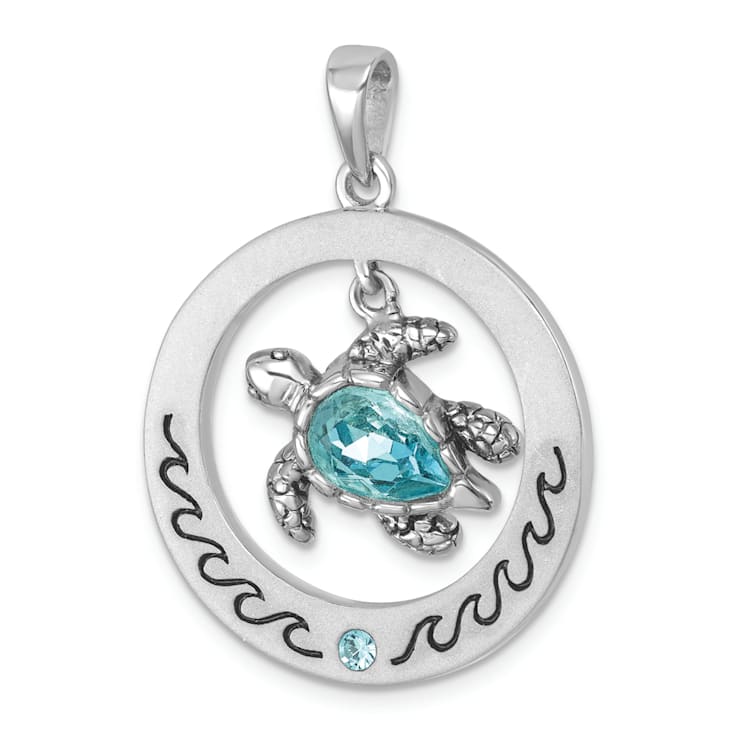 Rhodium Over Sterling Silver Round Moveable Crystal Turtle Pendant