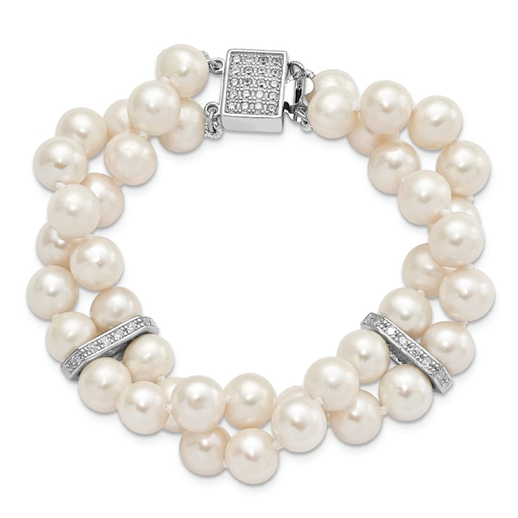 Rhodium Over Sterling Silver 7-8mm White Freshwater Cultured Pearl
2-Strand CZ Fancy Bracelet