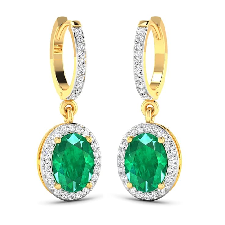 2.0ctw 14K Yellow Gold  Zambian Green Emerald and White Diamond Halo Earrings