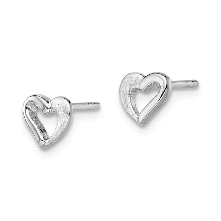 Rhodium Over Sterling Silver Polished and Brushed Open Heart Post Earrings
