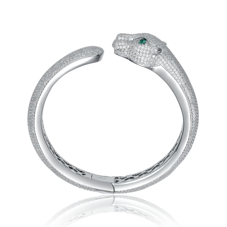 Emerald Color CZ Panther Hinged Cuff Bracelet In Sterling Silver