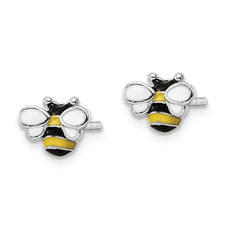 Rhodium Over Sterling Silver Enamel Bumblebee Children's Post Earrings