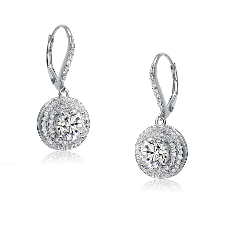 CZ Halo Drop Earrings In Sterling Silver
