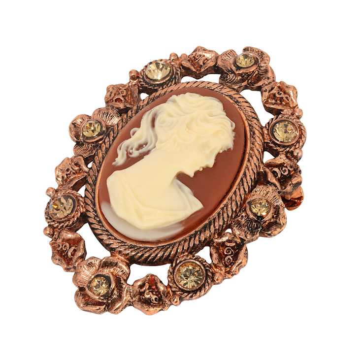 Copper Tone Dark Carnelian Oval Cameo Topaz Crystals Brooch