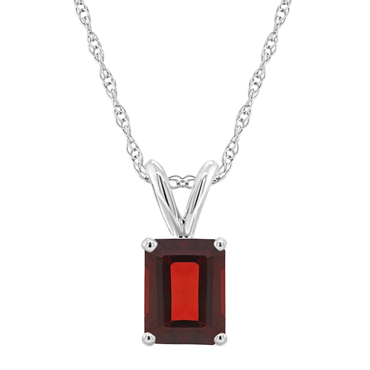 8x6mm Emerald Cut Garnet 14k White Gold Pendant With Chain
