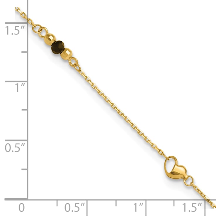 14K Gold Polished/Diamond-cut Heart Lab Created Onyx Beads 9-inch Plus
1-inch Extension Anklet