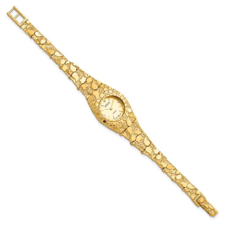 14k Yellow Gold Ladies Circular Champagne 22mm Dial Solid Nugget Watch
