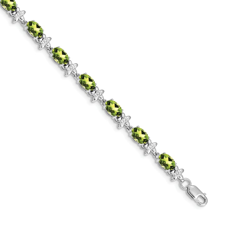 Rhodium Over 14k White Gold Floral Diamond and Peridot Bracelet