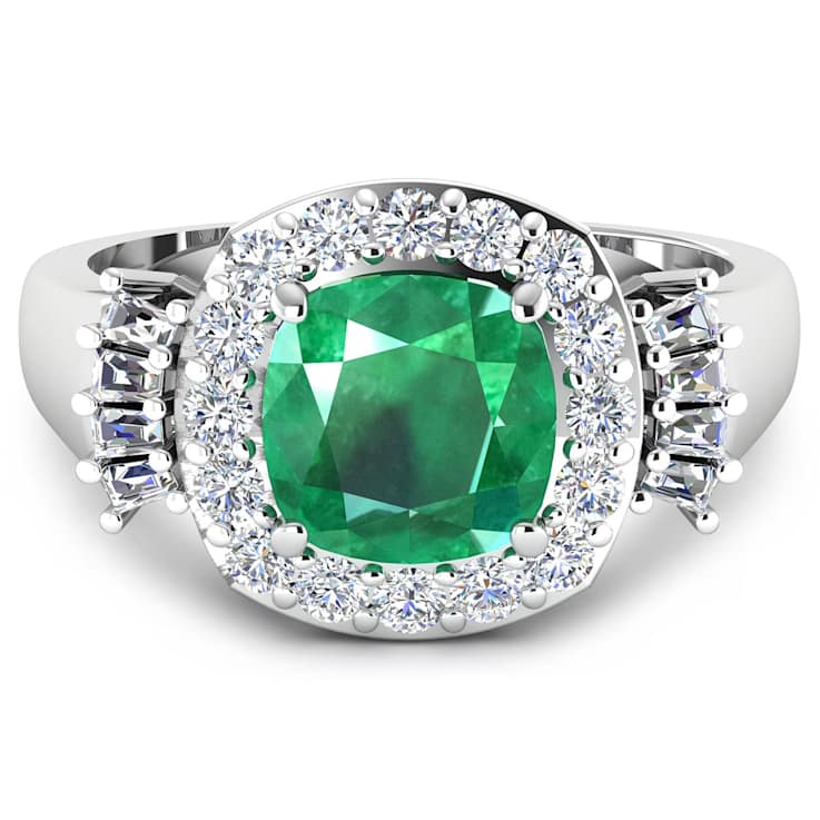 2.8ctw Green Emerald and Diamond 14K White Gold Halo Ring