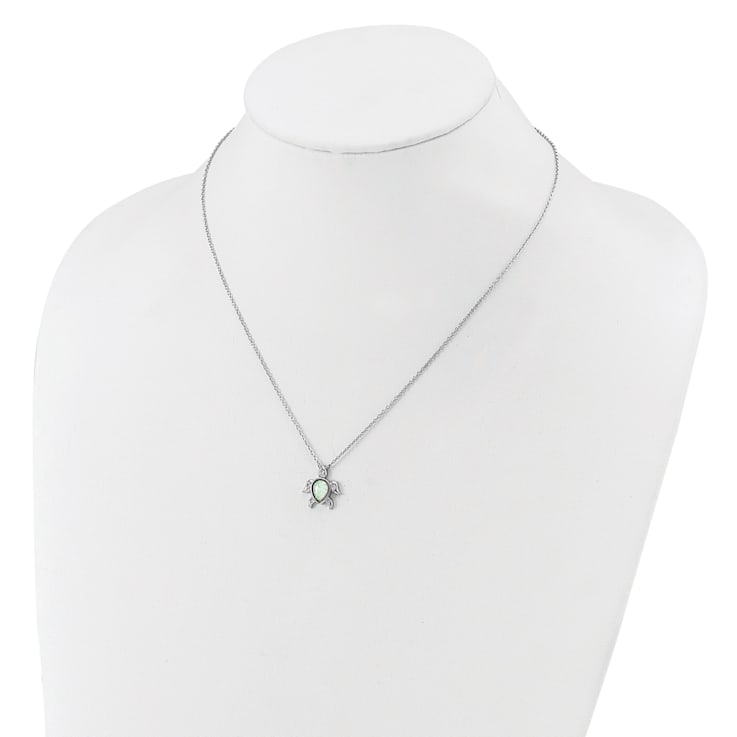 Rhodium Over Sterling Silver Lab Created Opal and Cubic Zirconia Turtle Necklace