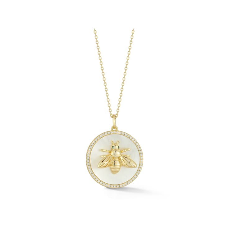 Rachel Zoe Mother-of-Pearl and CZ 3D Bee Medallion Necklace in 14K Gold
Over Sterling Silver