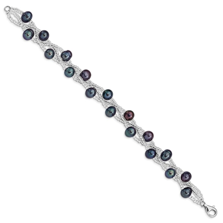 Rhodium Over Sterling Silver 7-9mm Black Freshwater Cultured Pearl And
Glass Beaded Bracelet