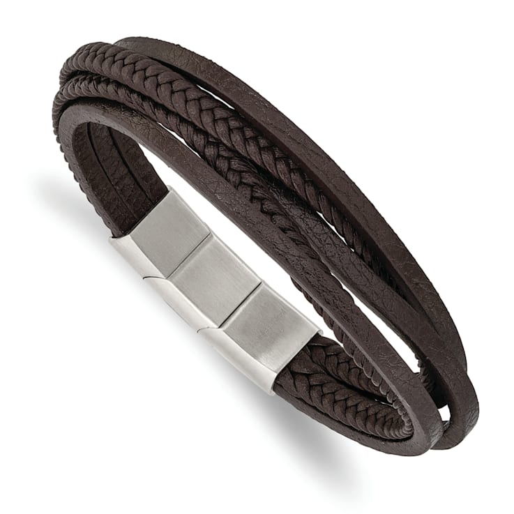 Brown Faux Leather and Stainless Steel Polished Brown Multi Strand with
0.5-inch Extension Bracelet