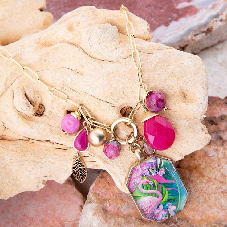 Barse Jewelry Pink Agate & Multi-Gemstone Gold Tone Flamingo Charm Necklace