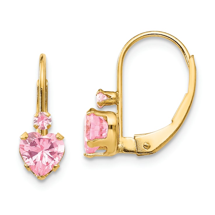 14K Yellow Gold Pink Cubic Zirconia Heart Dangle Earrings