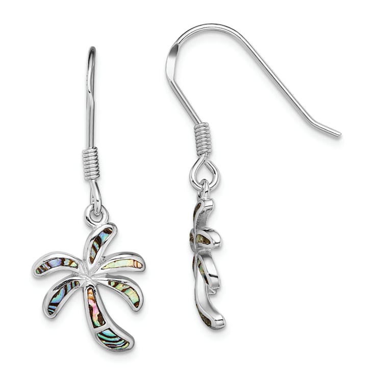 Rhodium Over Sterling Silver Abalone Palm Tree Earrings