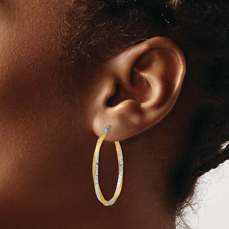 14k Two-tone Satin Diamond-Cut 1 3/8" Twisted Hoop Earrings