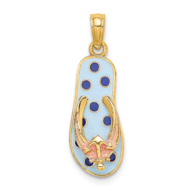 14k Yellow Gold Enamel Anchor On Blue Polka-Dot Flip-Flop Pendant