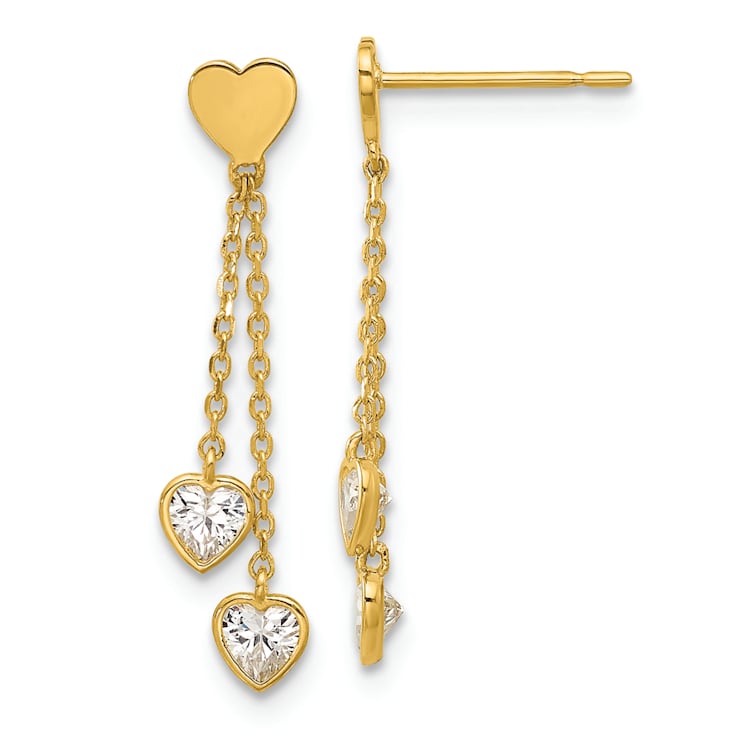 14k Yellow Gold Polished Cubic Zirconia Hearts Post Dangle Earrings