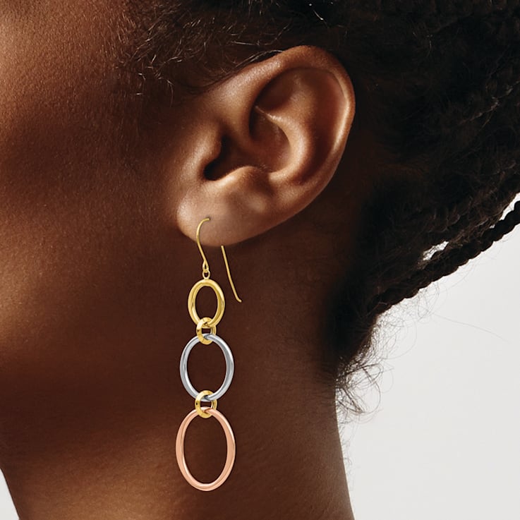 14K Tri-color gold Triple Circle Dangle Earrings