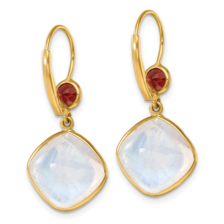 14K Yellow Gold Garnet and Moonstone Leverback Dangle Earrings