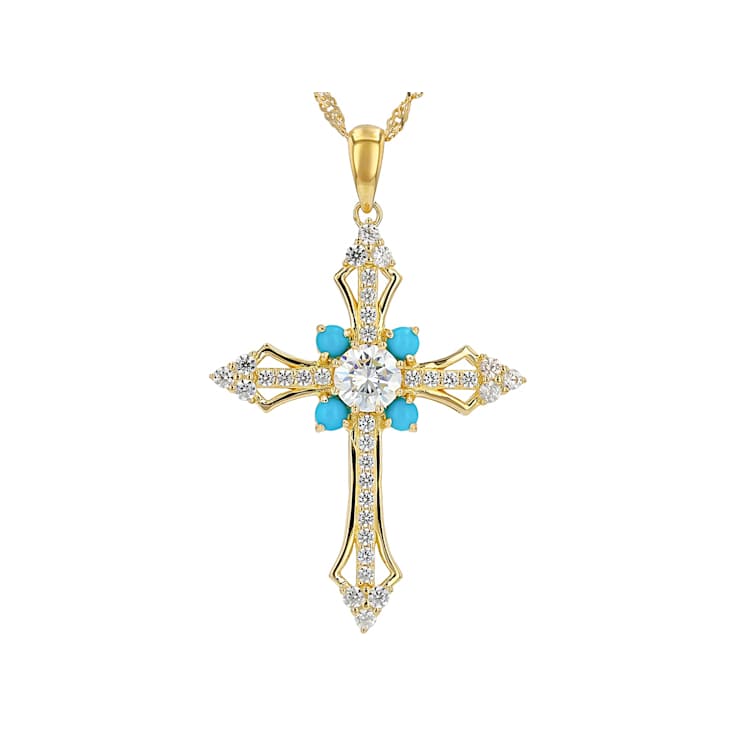 Diamond Simulant, Sleeping Beauty Turquoise And White Zircon Cross
Pendant Necklace In 18K Gold Over Sterling Silver 2.34ctw