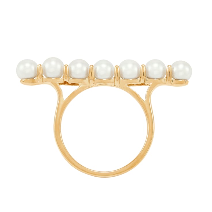 4.5-5mm Round White Freshwater Pearl 14K Yellow Gold Bar Design Ring