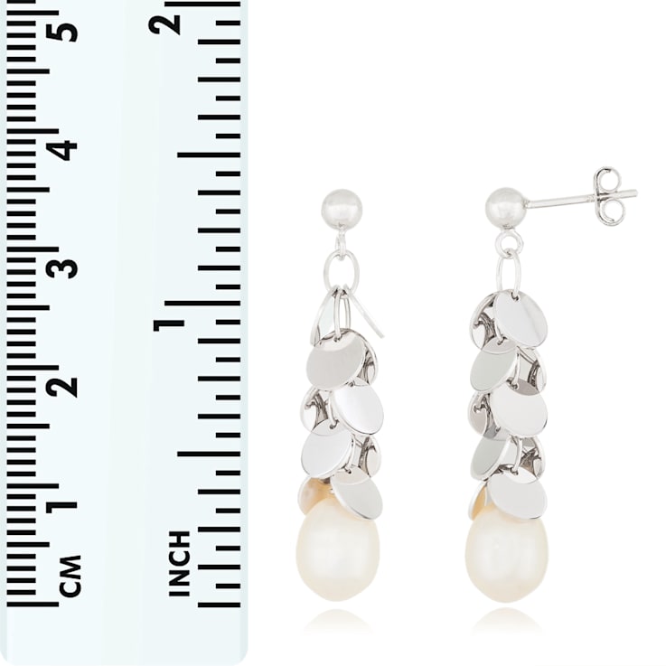 White Cultured Freshwater Pearl Rhodium Over Sterling Silver 7-8mm Drop Earrings