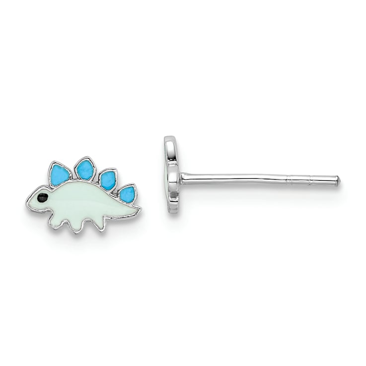 Rhodium Over Sterling Silver Enameled Dinosaur Children's Post Earrings