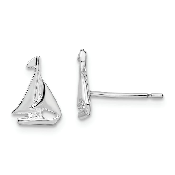 Rhodium Over Sterling Silver Polished Mini Sailboat Post Earrings