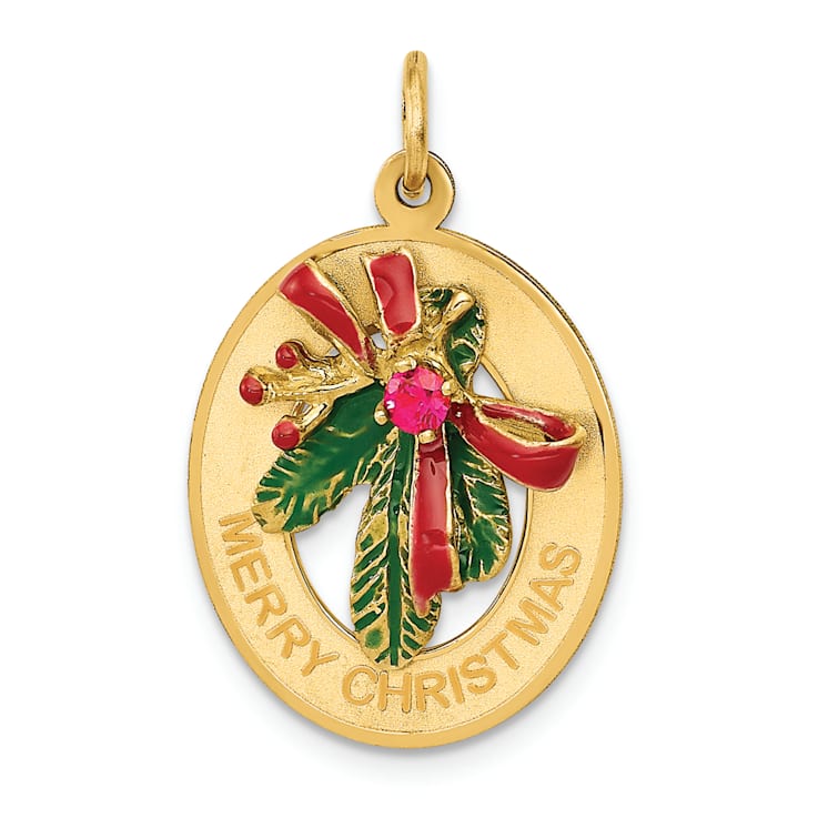 14k Yellow Gold Enameled Mistletoe with Synthetic Stone Charm