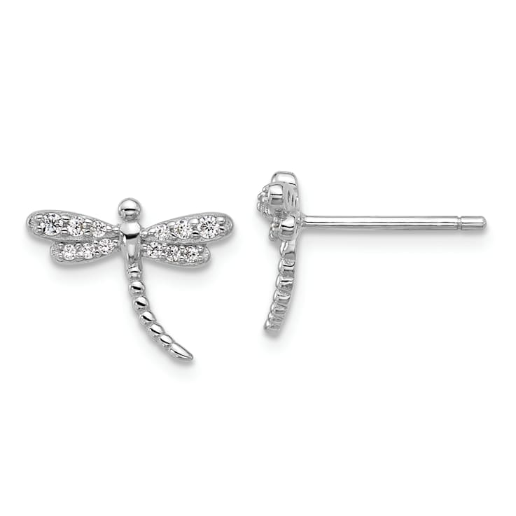 Rhodium Over Sterling Silver Polished Cubic Zirconia Dragonfly Post Earrings
