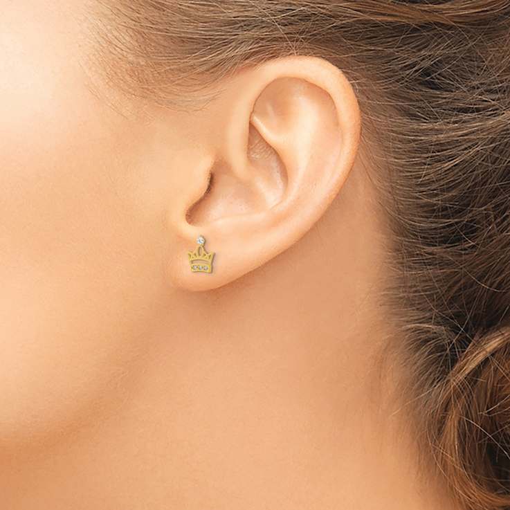14k Yellow Gold Kids Cubic Zirconia Crown Stud Earrings