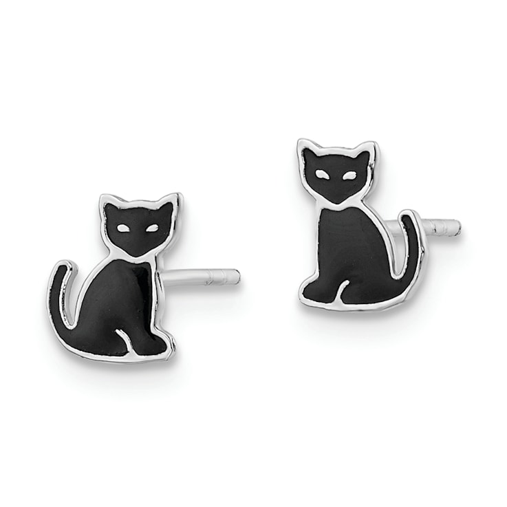 Rhodium Over Sterling Silver Polished Black Enameled Cat Post Earrings
