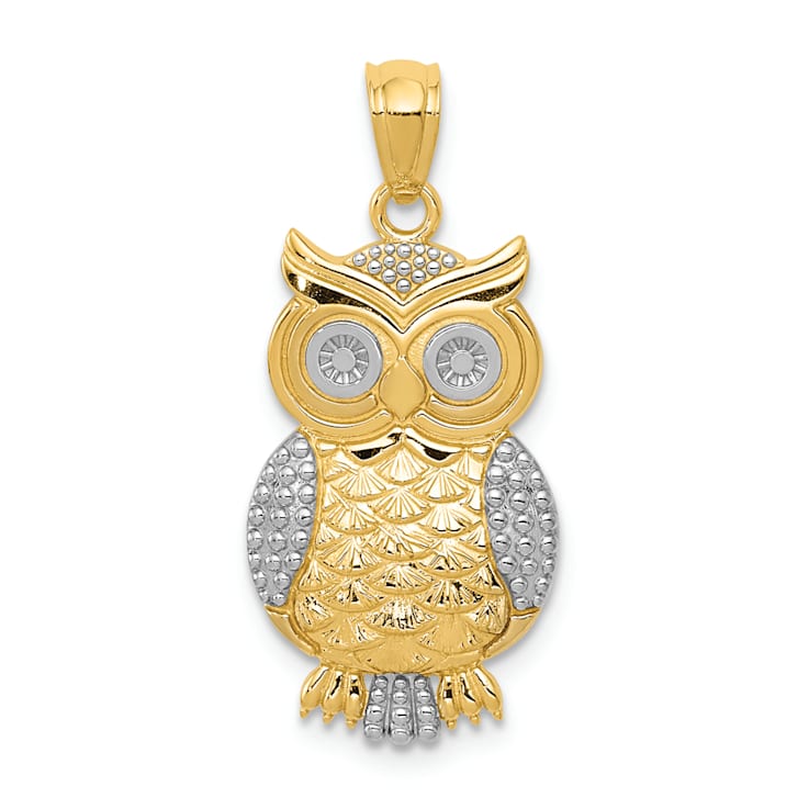 14K Two-tone Gold Polished and Textured Owl Pendant