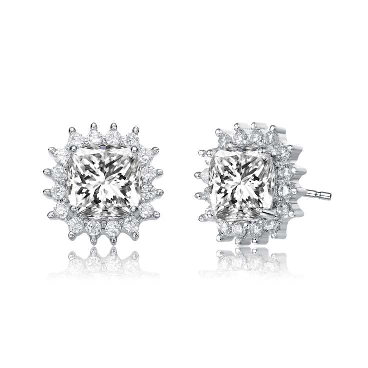 Square CZ Halo Stud Earrings In White Rhodium Over Brass