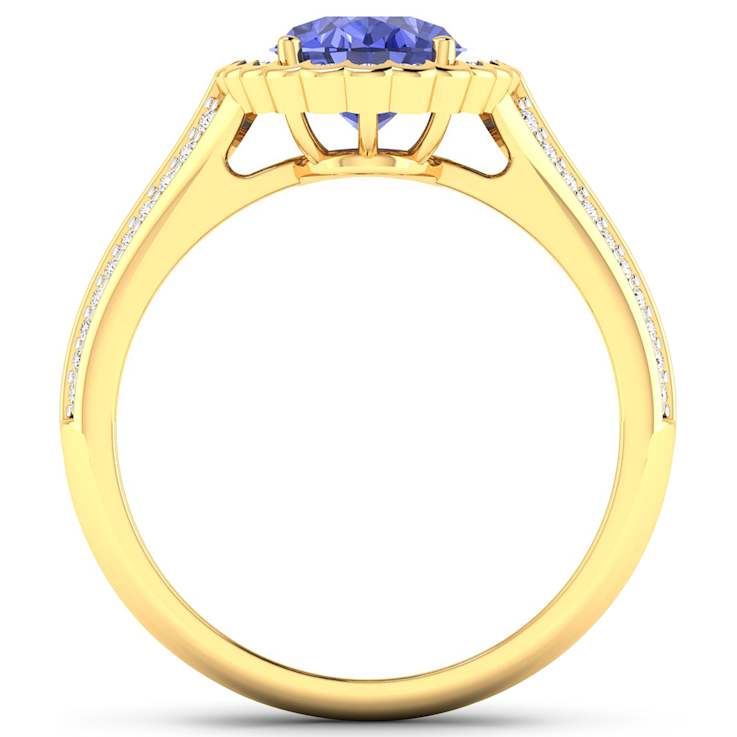 Purple Tanzanite and White Diamond Bridge 14K Yellow Gold Ring