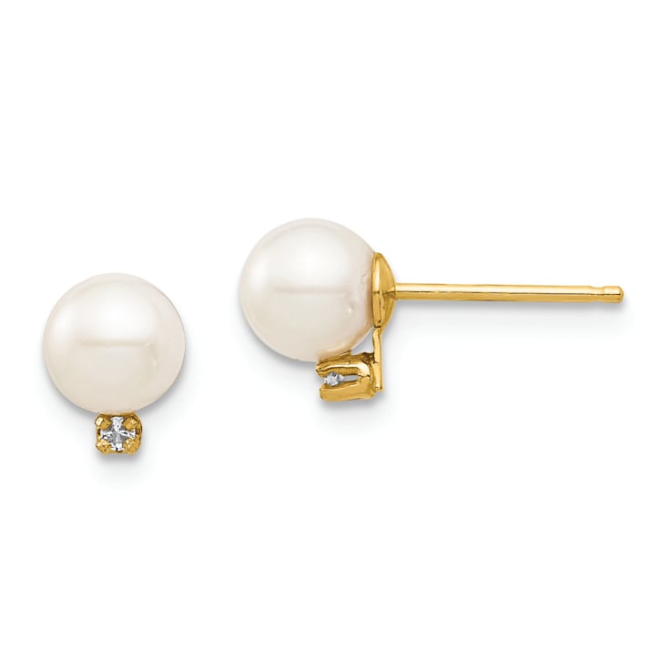 14k Yellow Gold Children's 5-6mm White Round Freshwater Cultured Pearl
Diamond Stud Earrings