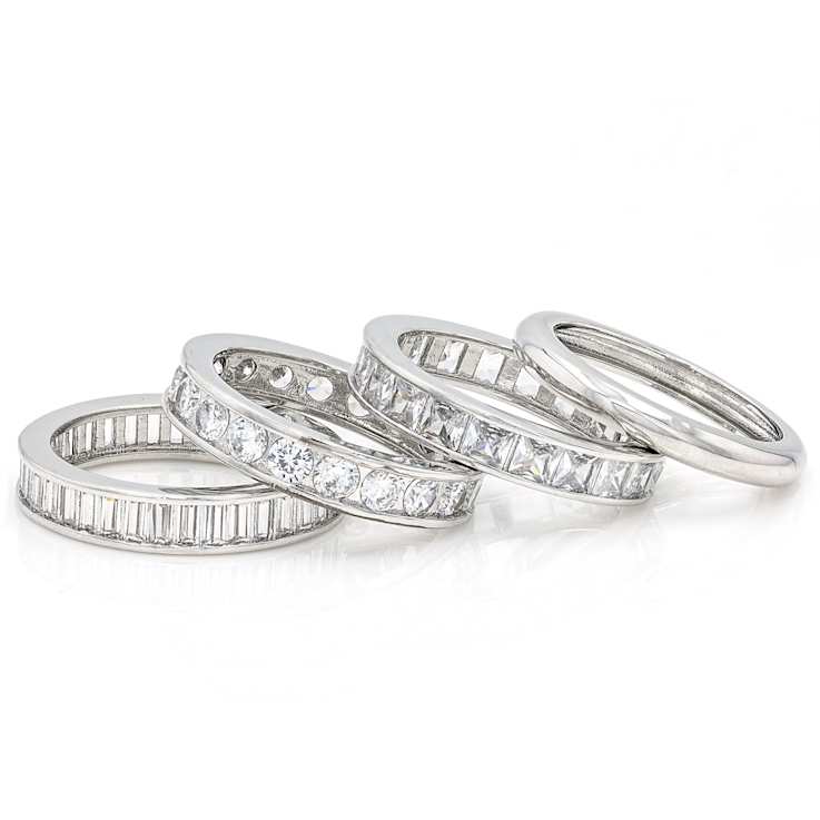 CZ Set Of 4 Stackable Band Rings In Rhodium Over Brass 10.82ctw