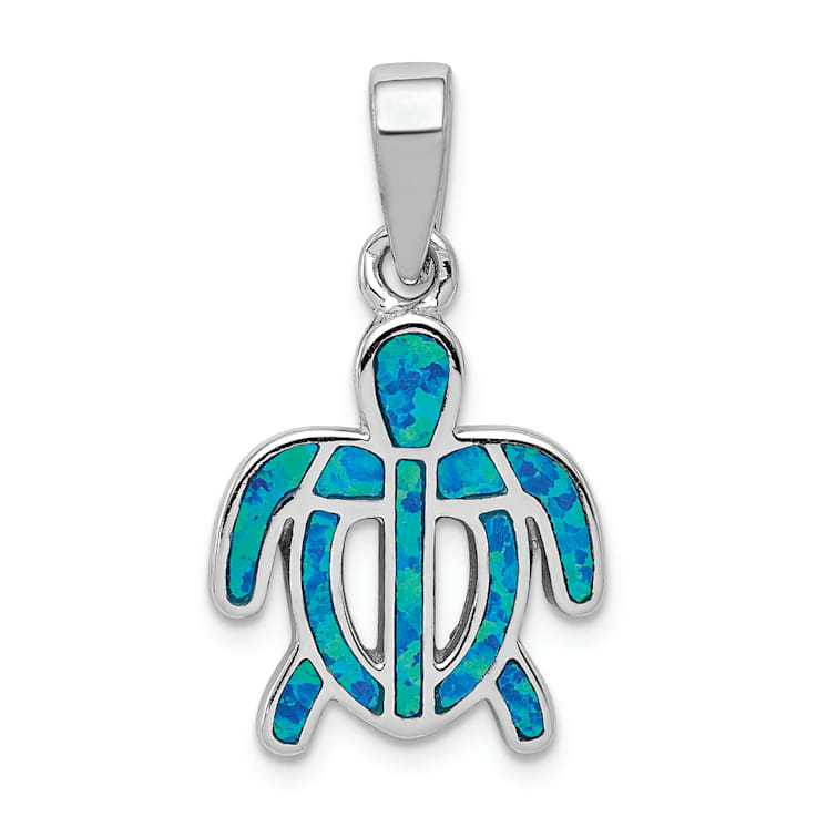 Rhodium Over Sterling Silver Lab Created Blue Opal Inlay Tortoise Pendant