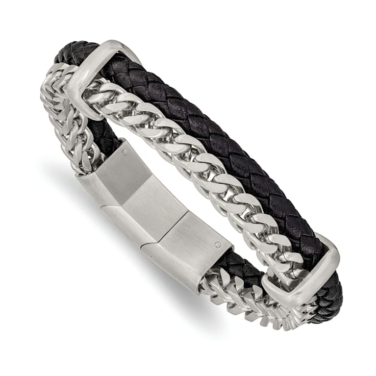 Black Leather and Stainless Steel Brushed and Chain 8-inch with 0.5-inch
Extension Bracelet