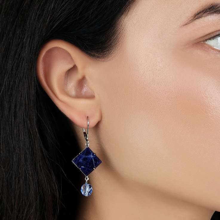 Square Semi-Precious & Round Bead Drop Earrings