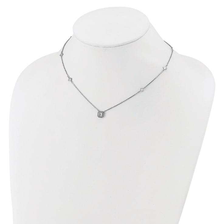 Rhodium Over Sterling Silver Polished Fancy Cubic Zirconia Station With
2 Inch Extension Necklace