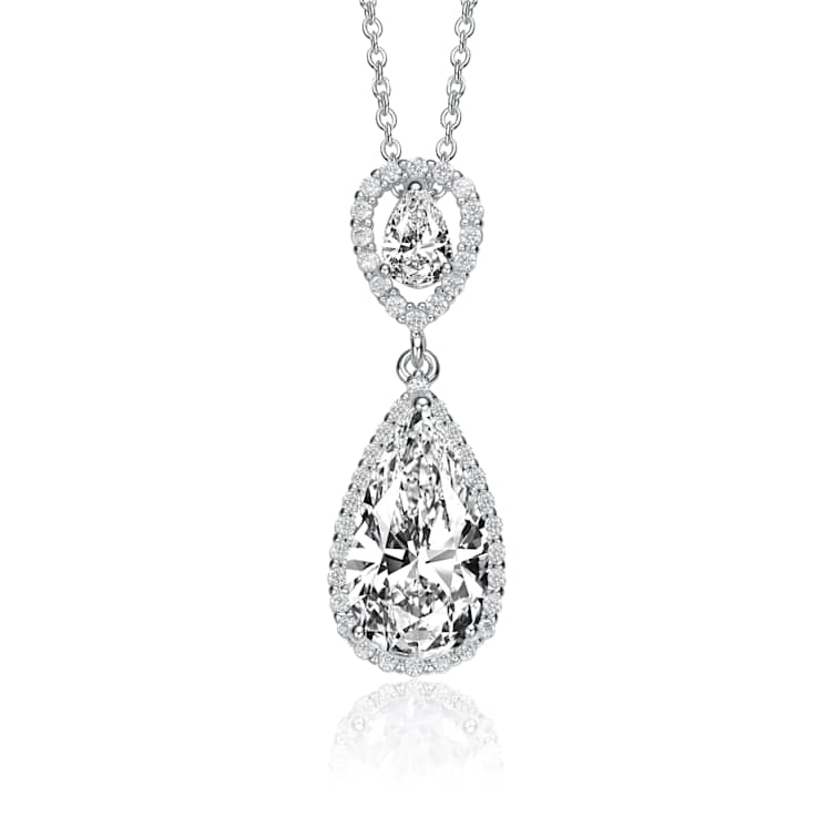 Pear Shape CZ Halo Drop Necklace In Sterling Silver