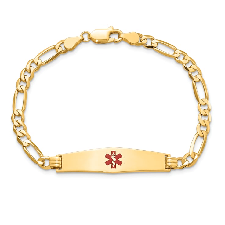 14k Yellow Gold Medical Soft Diamond Shape Red Enamel Flat Figaro Link
ID Bracelet