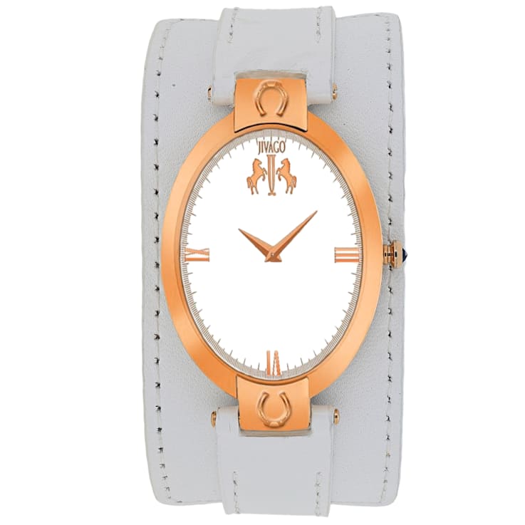 Jivago Women's Good luck White Dial, Rose Bezel, White Leather Strap Watch