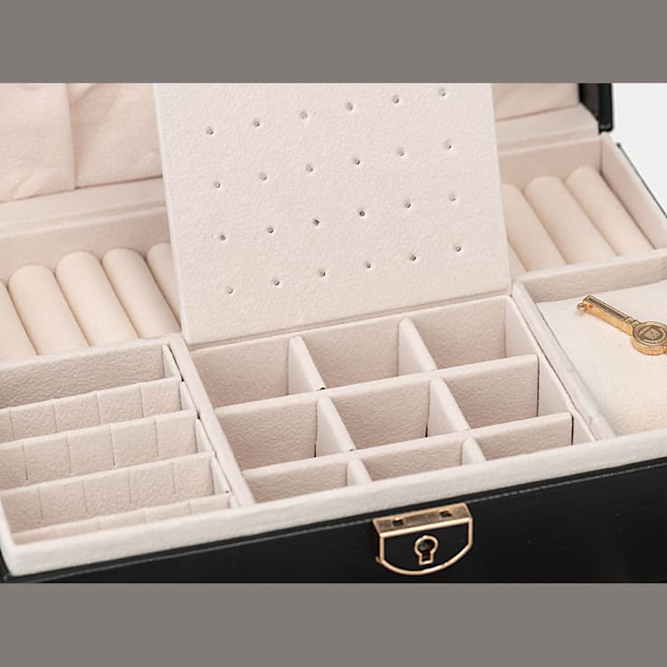 Lockable Black Faux Leather Jewelry Box with 2 Drawers and Lid Storage