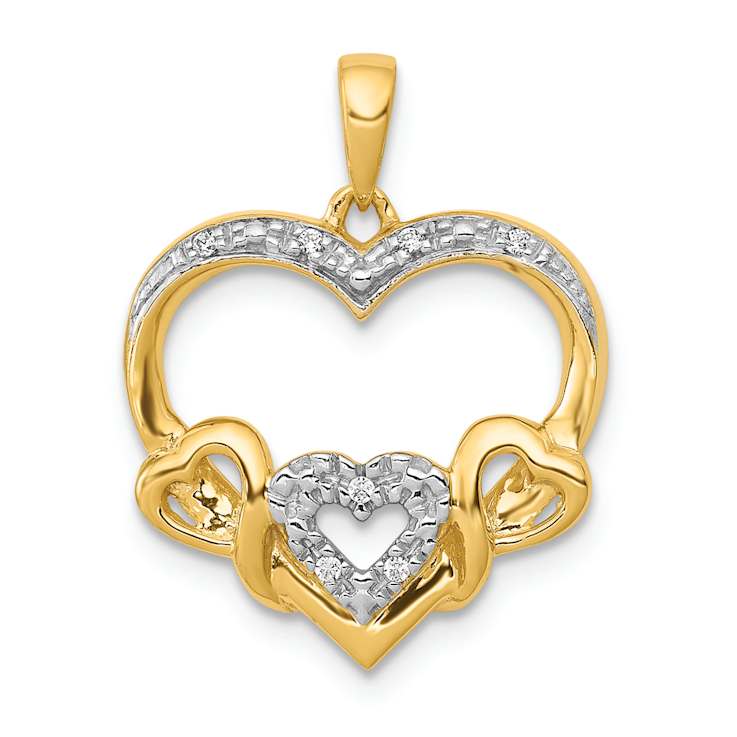 10k Yellow Gold and Rhodium Over 10k Yellow Gold Diamond Heart with
Three Smaller Hearts Pendant
